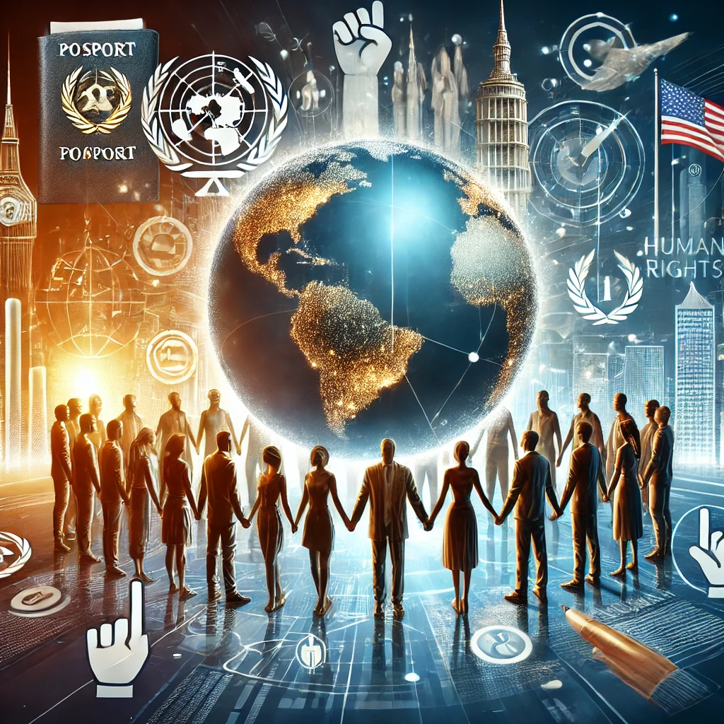 An artistic illustration representing the concept of citizenship. The image features a diverse group of people holding hands around a glowing globe concept of citizenship