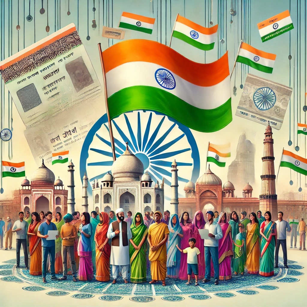 An artistic illustration representing citizenship in India. The image features a diverse group of Indian people from different cultures, religions, ETC. CITIZENSHIP IN INDIA