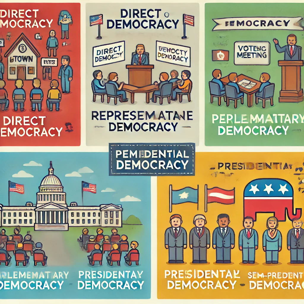 An educational infographic illustrating different forms of democracy. The image includes labeled sections for Direct Democracy, Representative Demo... Forms of Democracy