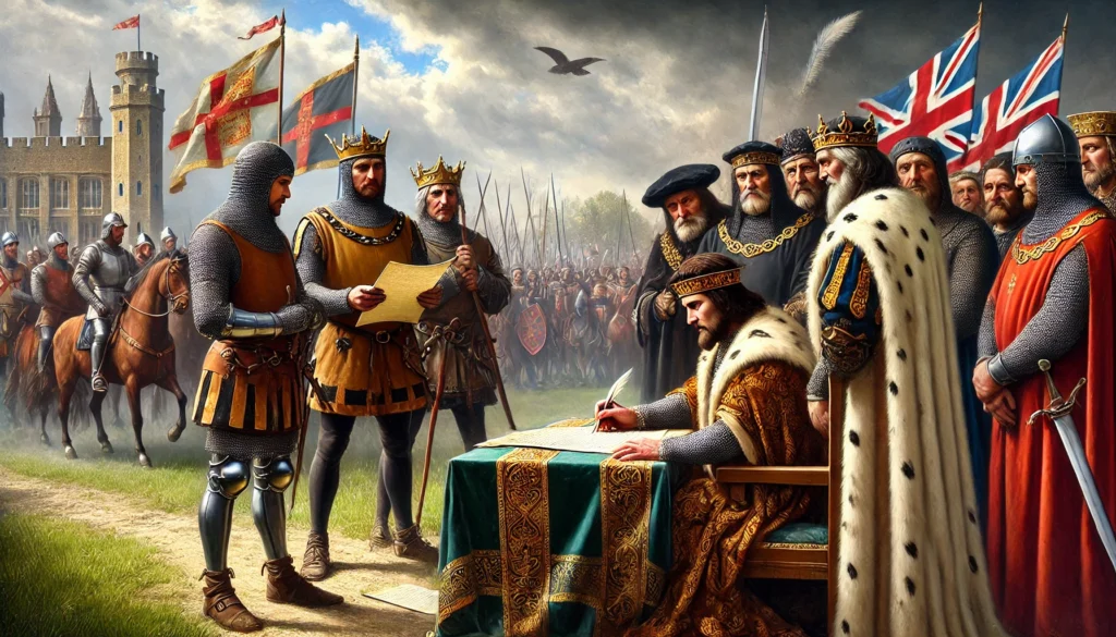 The historical illustration of the signing of the Magna Carta, depicting King John of England reluctantly sealing the document, surrounded by barons and clergy. This moment symbolizes the birth of constitutional rights and the first step toward modern human rights Magna Carta