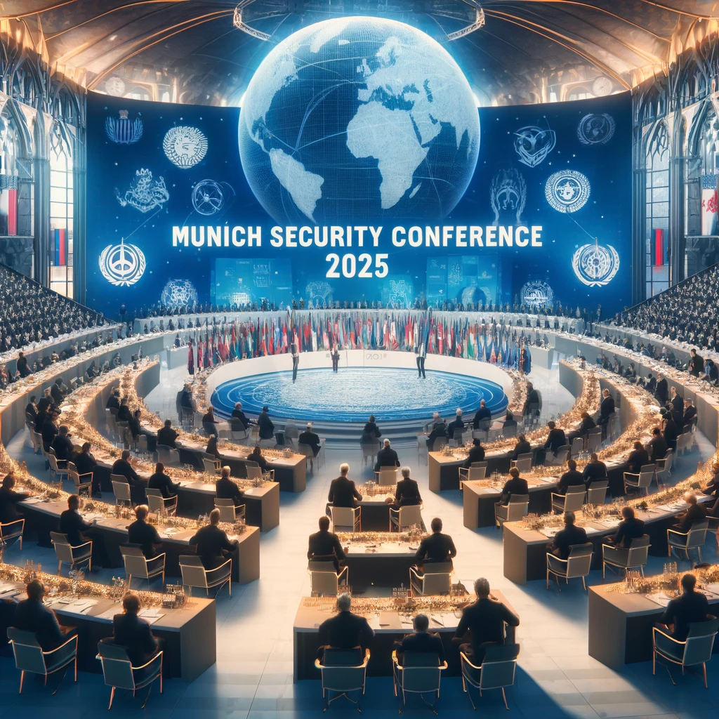 The Munich Security Conference 2025. The image features a grand conference hall with global leaders, diplomats Munich Security Conference
