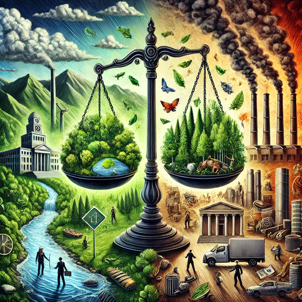 An artistic illustration of environmental justice with a balance scale in the center. One side of the scale holds lush green forests, clean rivers... Environmental Justice Cases