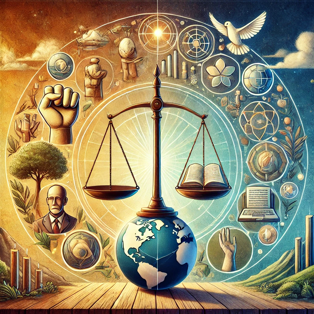 An artistic illustration representing the concept of the 'Declaration of Human Duties and Responsibilities'. The image features a balance scale in the... Declaration of Human Duties and Responsibilities