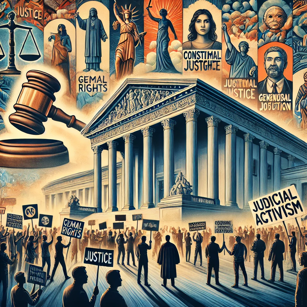 An artistic illustration representing the concept of judicial activism. The image features a majestic courthouse with a large gavel symbolizing... Judicial Activism